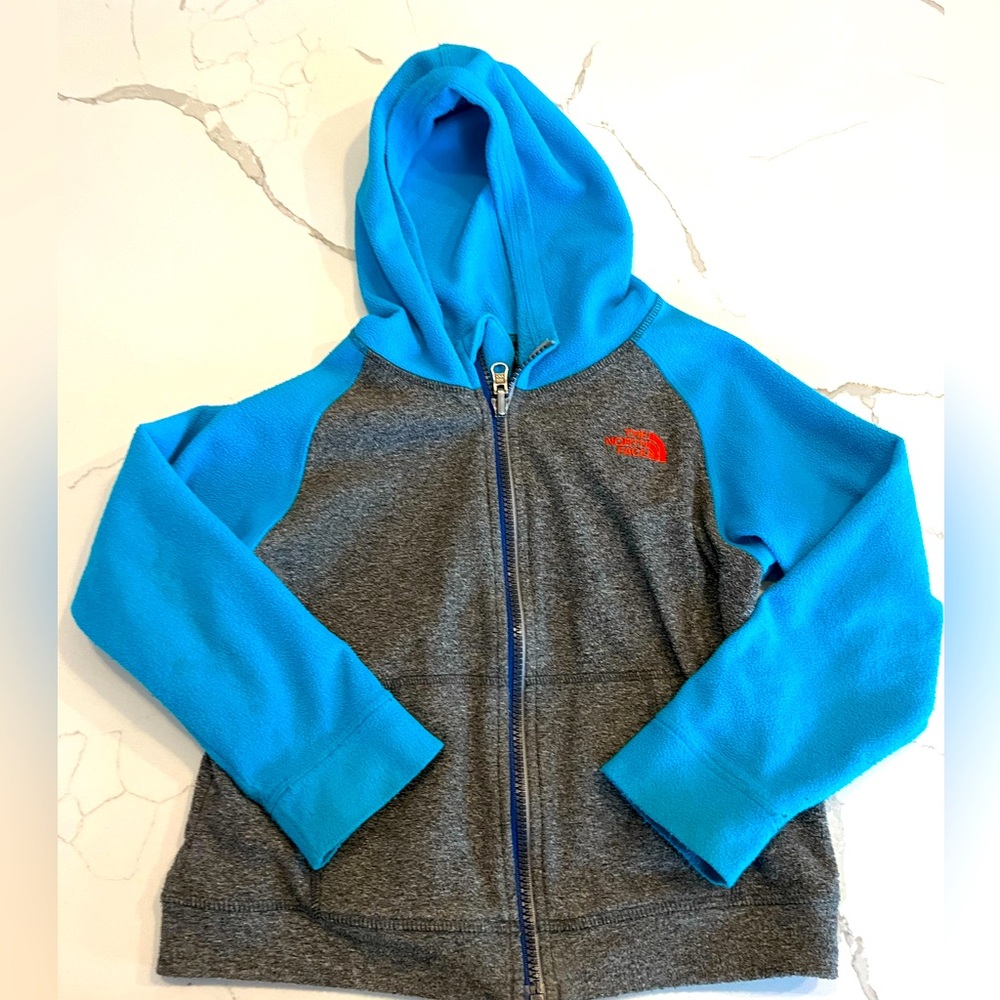 Hooded North Face Hooded Fleece Zip Jacket Hoodie blue, Gray w Red Logo size 5